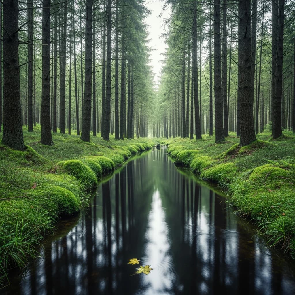 The forest is saturated green, trees identical in height and width, trunks straight, bark texture repeating. One trunk leans diagonally yet the branches remain vertical. The moss is emerald, glistening, though each patch forms identical diamond shapes. A stream runs straight, perfectly linear, water clear, reflecting clouds not visible in the sky. No animals, no insects, but one leaf floats on the water, doubled, showing two overlapping shadows.