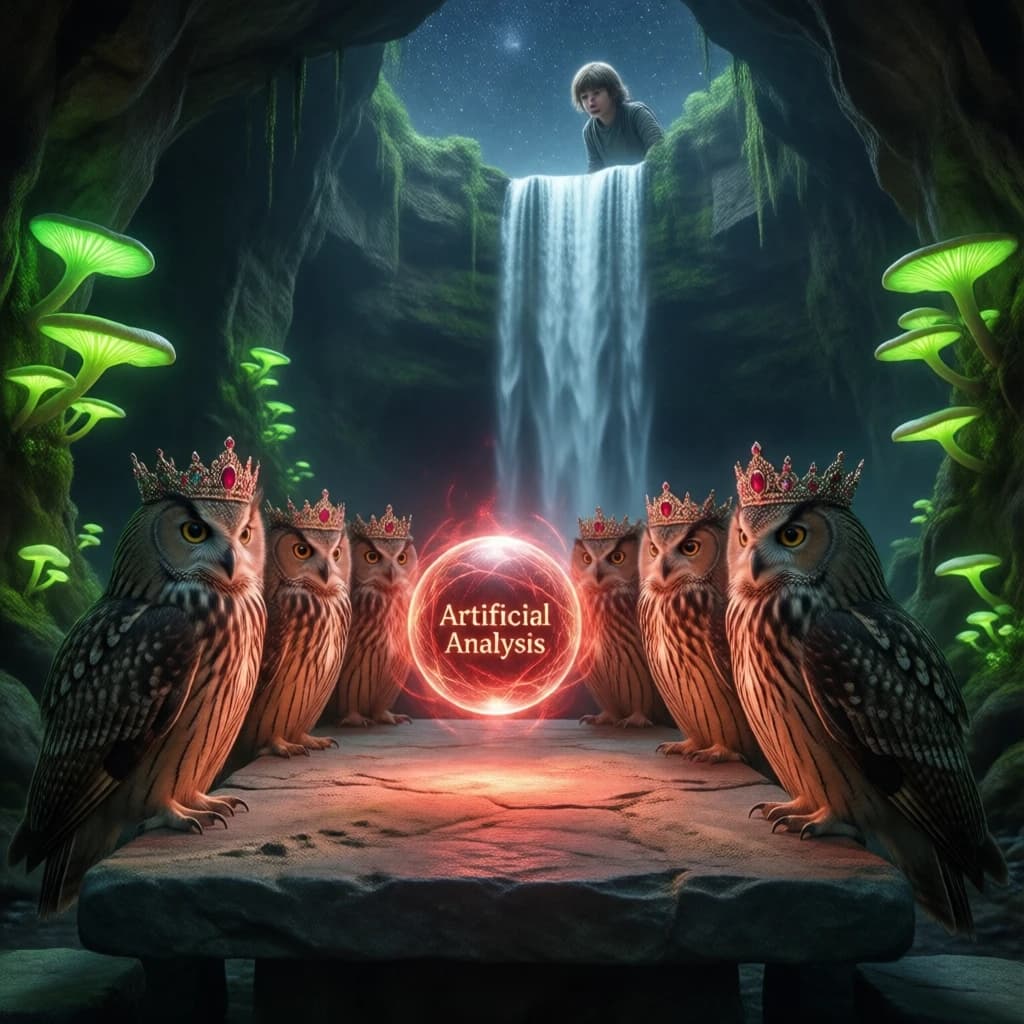In a cavern lined with bioluminescent fungi glowing lime green, the council of owls wear jeweled crowns that glimmer with rubies, their wings folded behind their backs. Dust coats the stone table, a glowing orb inscribed with “Artificial Analysis” hovers above the table illuminating the owls with its red pulsating light. Behind them, a waterfall falls upward into a ceiling that opens onto stars - a child looks down in wonder from above at what he has stumbled across.