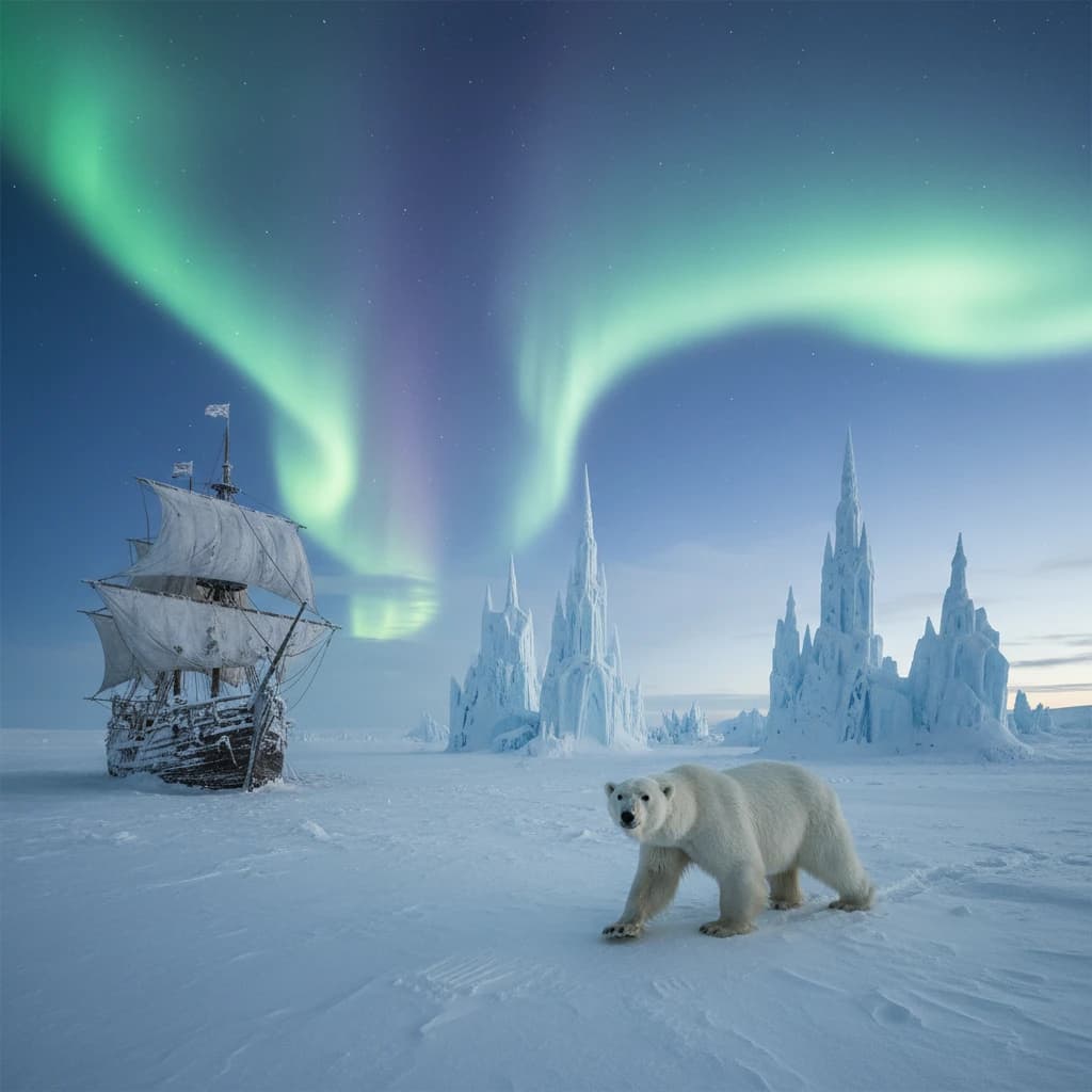 An endless tundra stretches outward, littered with jagged icebergs shaped like cathedral spires. A polar bear trudges across the foreground but leaves no tracks. Auroras ripple overhead. A half-buried shipwreck juts from the snow — sails billowing despite the still air.