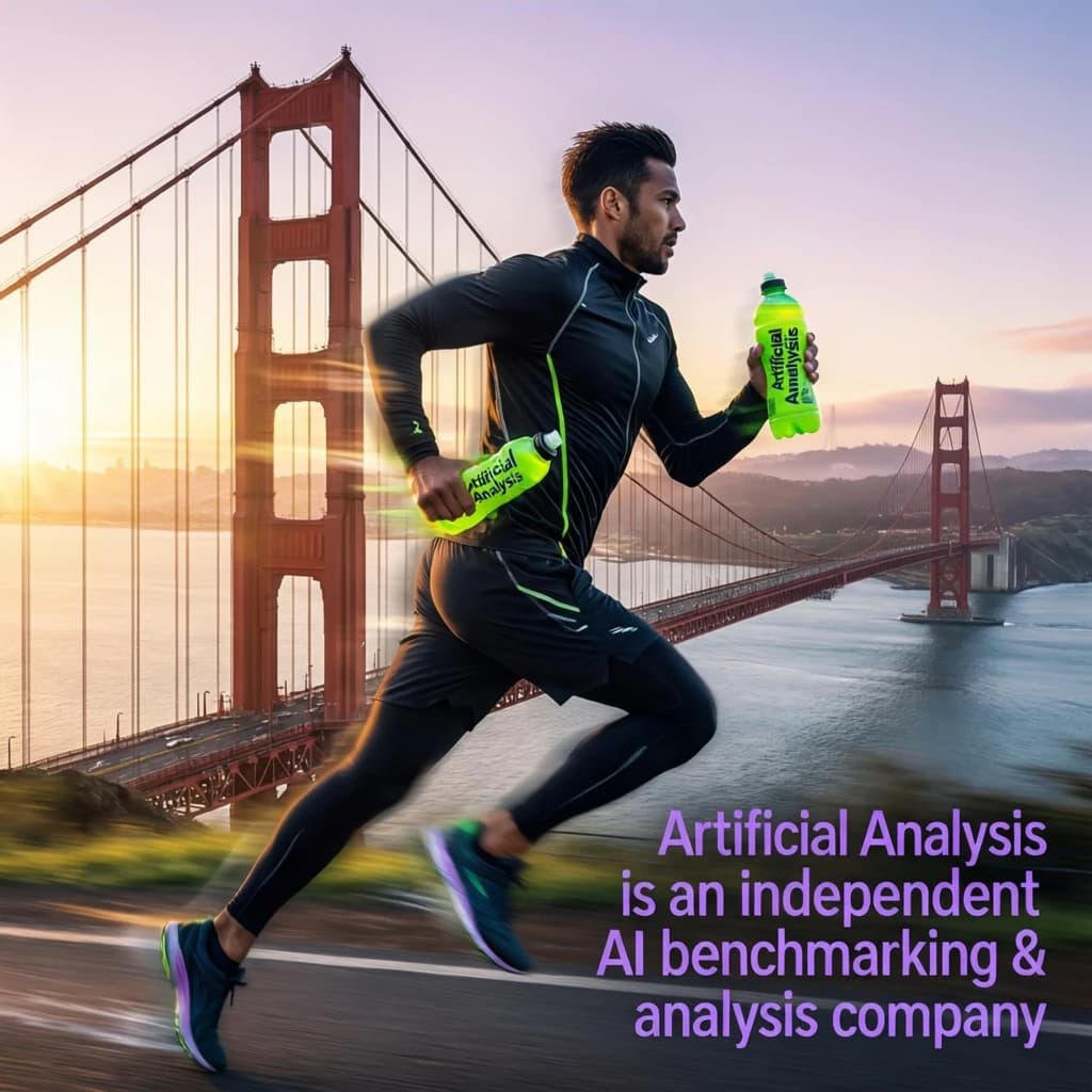 A runner dashes across the Golden Gate Bridge at dawn, sunlight streaming between cables. In their hand, they carry a neon-green sports drink with the brand name Artificial Analysis splashed boldly across the bottle. Motion blur emphasizes speed, while crisp purple sans serif typography overlays the bottom right of the scene with the tagline: Artificial Analysis is an independent AI benchmarking & analysis company
