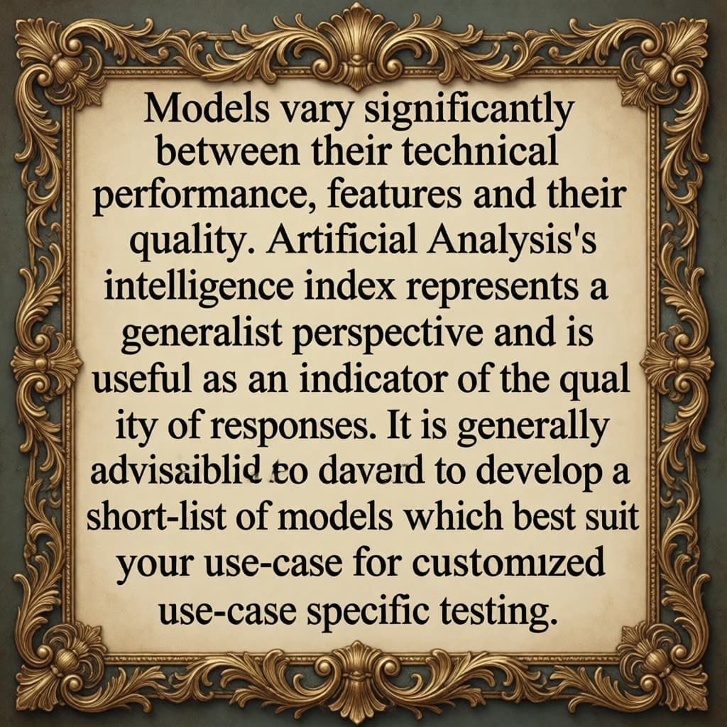 On a flat layout, write in an ornate baroque style "Models vary significantly between their technical performance, features and their quality. Artificial Analysis's intelligence index represents a generalist perspective and is useful as an indicator of the quality of responses. It is generally advisable to develop a short-list of models which best suit your use-case for customized use-case specific testing. "