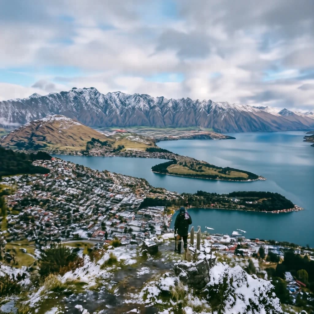 Queenstown's Lake Wakatipu, viewed from the top of Queenstown Hill after a snowstorm just dusted the top of Cecil's Peak