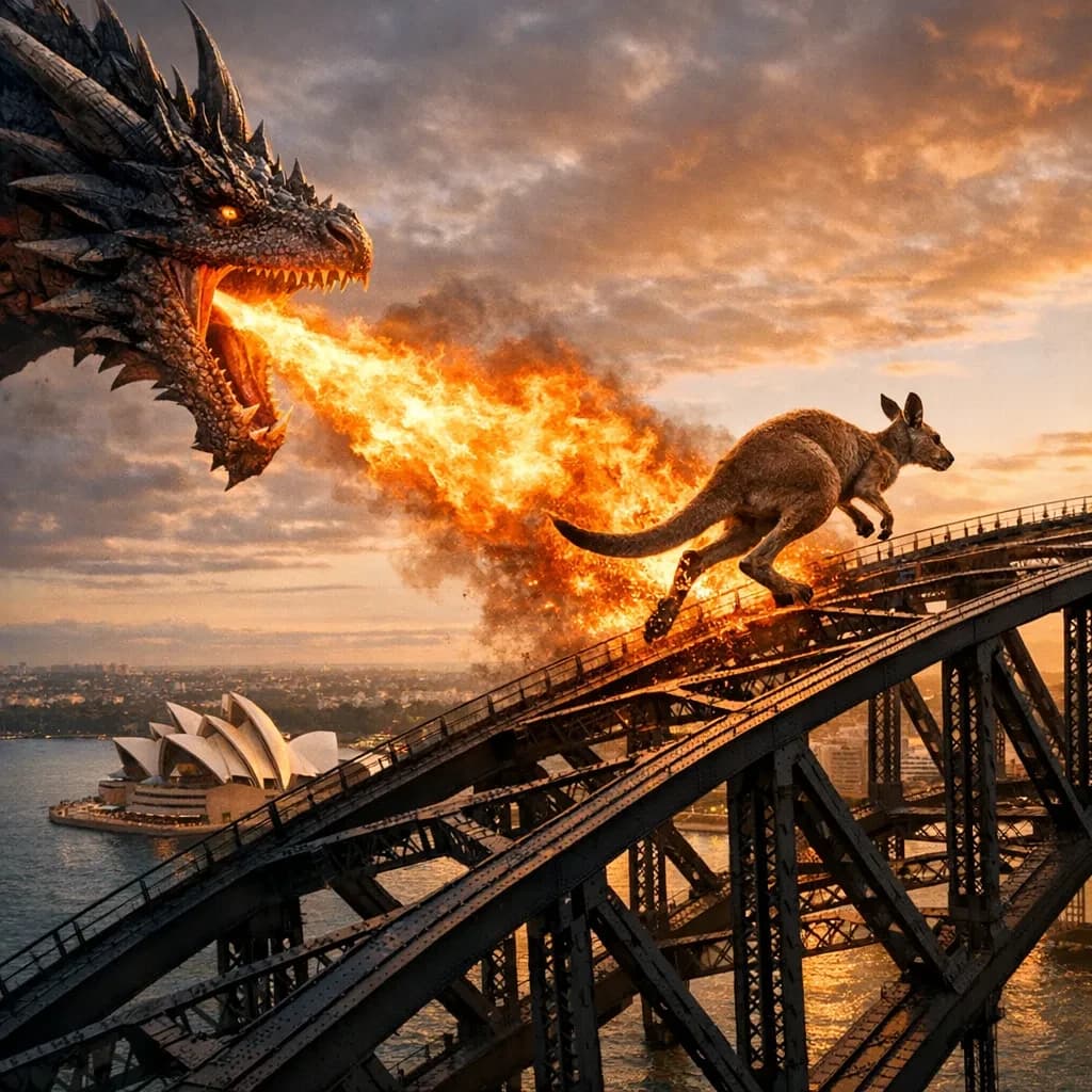 A dragon breathes fire at a kangaroo that is running away by climbing over the top of the Sydney Harbour Bridge. Opera House visible in the background.