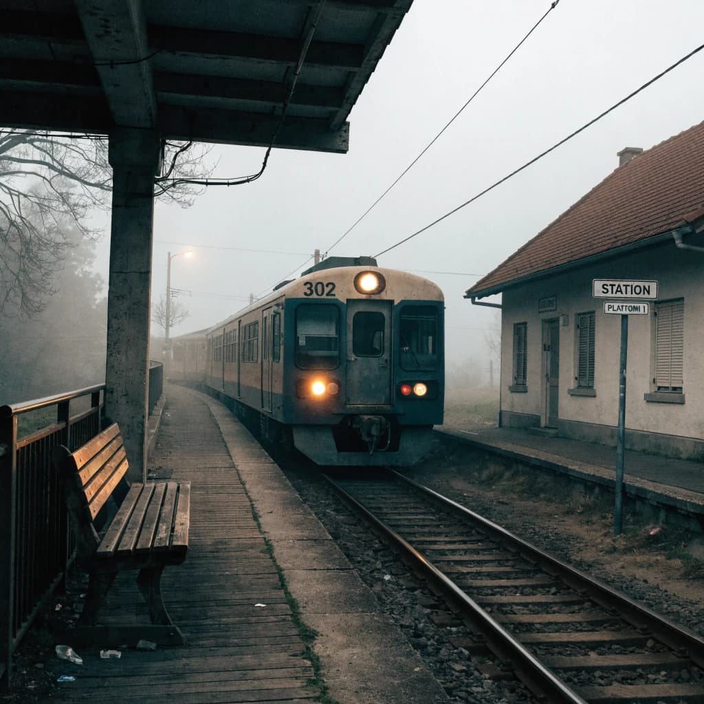 A commuter train enters a foggy little station.