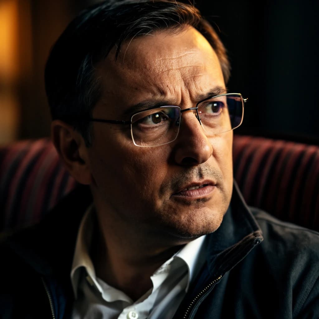 A sharply lit portrait of a middle-aged man wearing thin-rimmed glasses and a dark jacket over a white collared shirt. He gazes intently to the side, his face half illuminated by warm light while the background recedes into deep shadow. The expression is thoughtful, almost wary, as if caught mid-conversation. Behind him, a striped cushion in muted reds and blacks adds subtle texture, contrasting with the crisp highlights on his forehead and glasses. The overall mood is contemplative and cinematic, balancing warmth with tension.