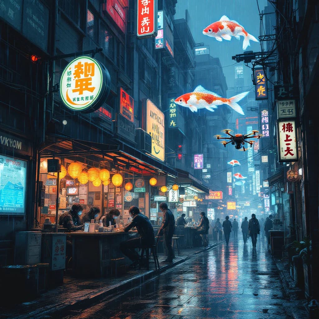 A neon alley in Neo-Tokyo 2142 drips with rain Cybernetic patrons slurp ramen at a stall with their glowing implants humming with blue light. Three giant holographic koi hover 10 metres above the ground and swim across the skyline, one has clipped into a building. A six-prop drone hovers nearby, projecting "Artificial Analysis" onto a wall with blue laser beams visible