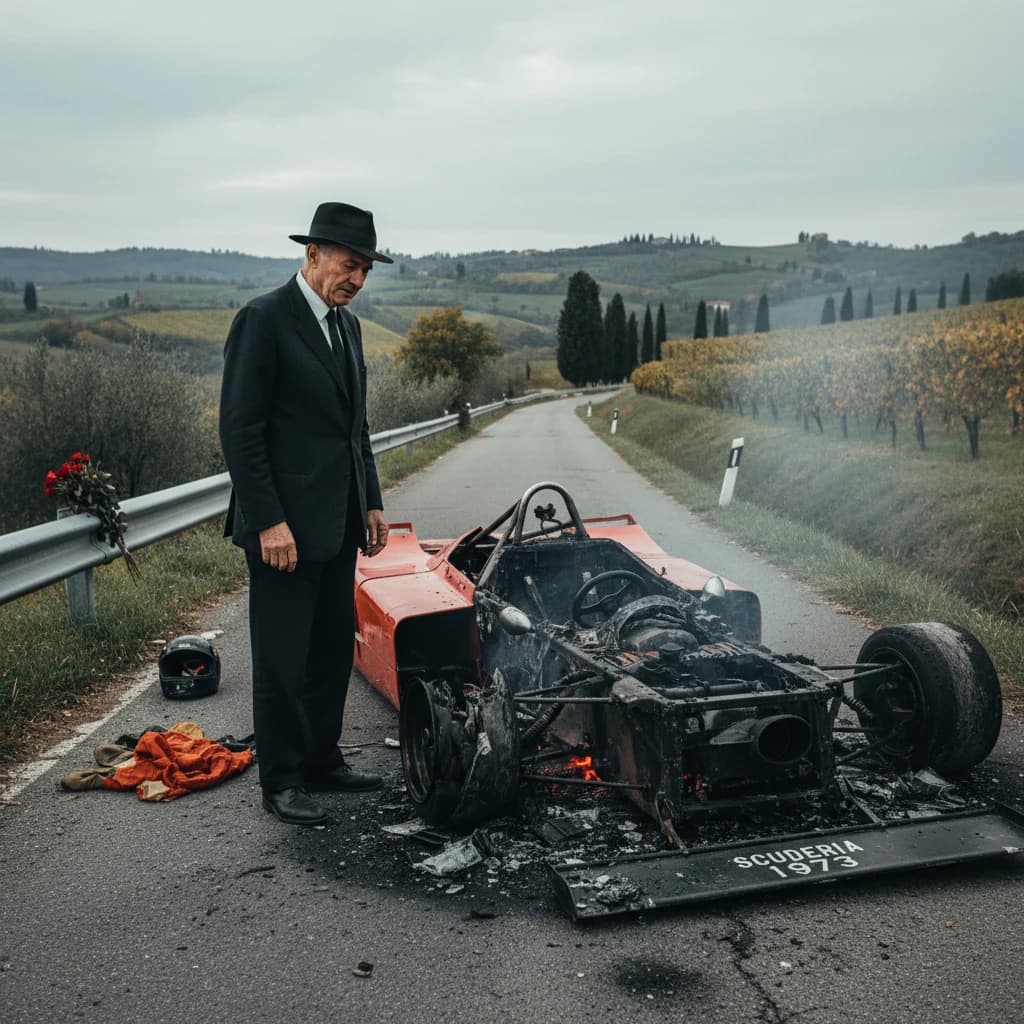 Mario examines the still smouldering wreck of the crash that took his best driver on the side of the country road. He designed this car and caused this. 3 days have passed since the crash. It's 1973 in Northern Italy.