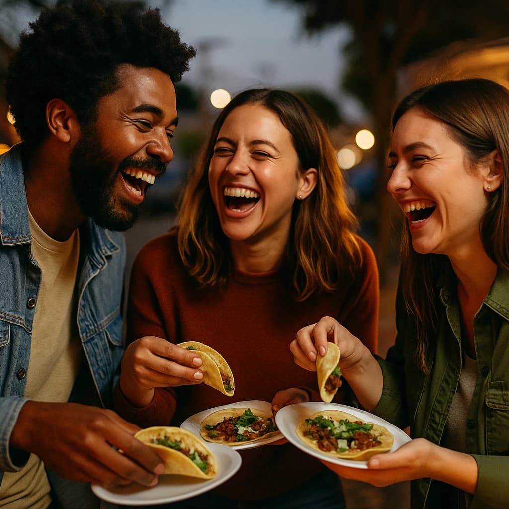 Friends laugh over street tacos at dusk, candid, shallow depth.