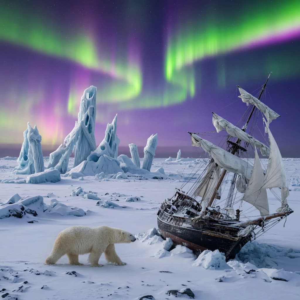 An endless tundra stretches outward, littered with jagged icebergs shaped like cathedral spires. A polar bear trudges across the foreground but leaves no tracks. Auroras ripple overhead. A half-buried shipwreck juts from the snow — sails billowing despite the still air.