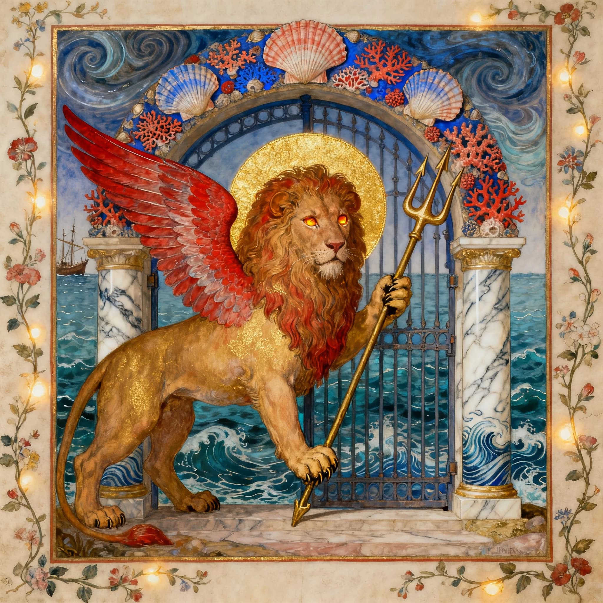Paint an illuminated manuscript scene of a winged lion guarding a sea gate.