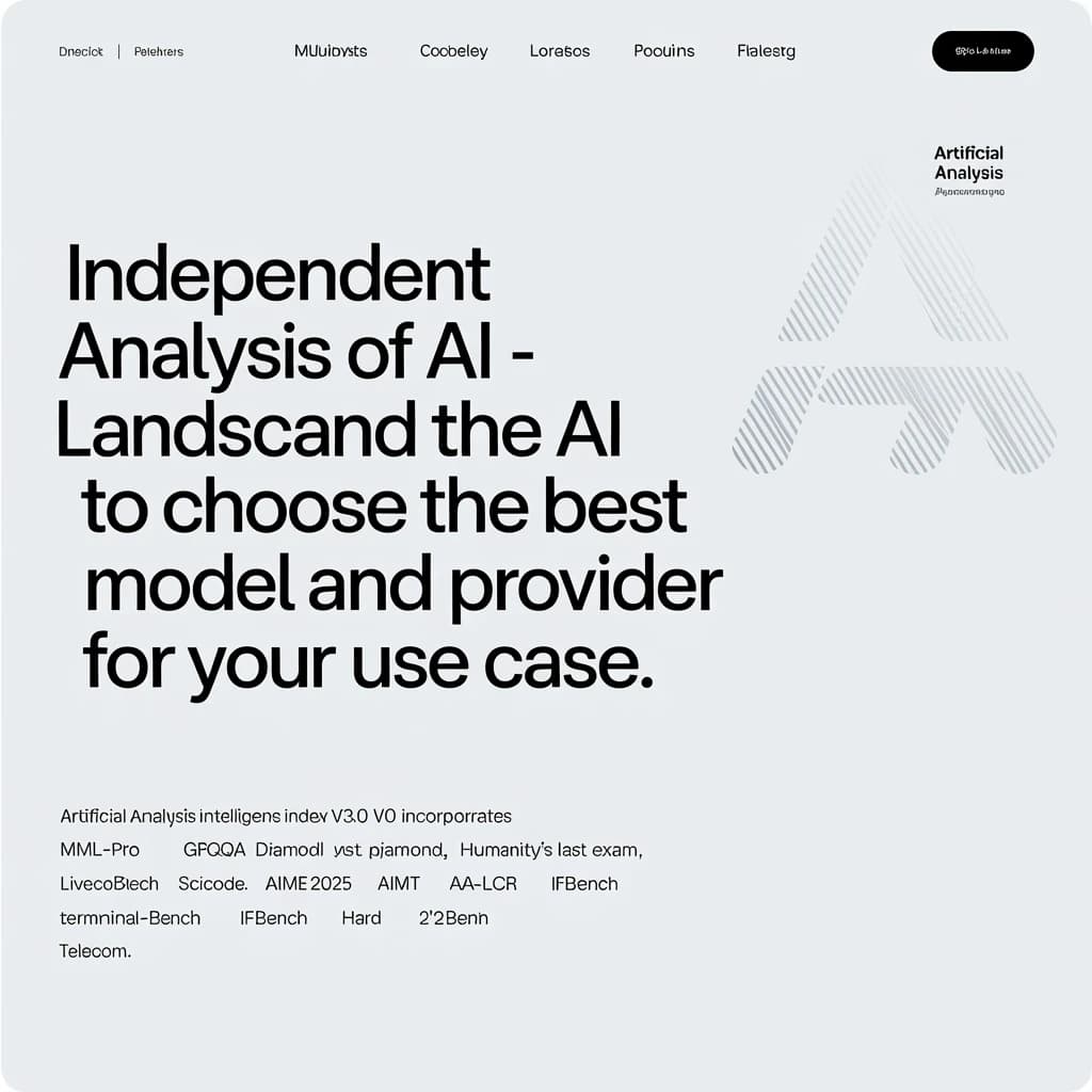 On a white dashboard with thin gray dividers, place a centered header in Helvetica Neue Bold, 20pt: “Independent analysis of AI - Understand the AI landscape to choose the best model and provider for your use case.” Directly beneath, a subheader in smaller Regular weight, 14pt: “Artificial Analysis Intelligence Index v3.0 incorporates 10 evaluations: MMLU-Pro, GPQA Diamond, Humanity's Last Exam, LiveCodeBench, SciCode, AIME 2025, IFBench, AA-LCR, Terminal-Bench Hard, 𝜏²-Bench Telecom.” The header is fully justified but the subheader is left-aligned. In the upper right corner, the Artificial Analysis logo appears watermarked, diagonal, faint gray, partially overlapping the scrollbar.