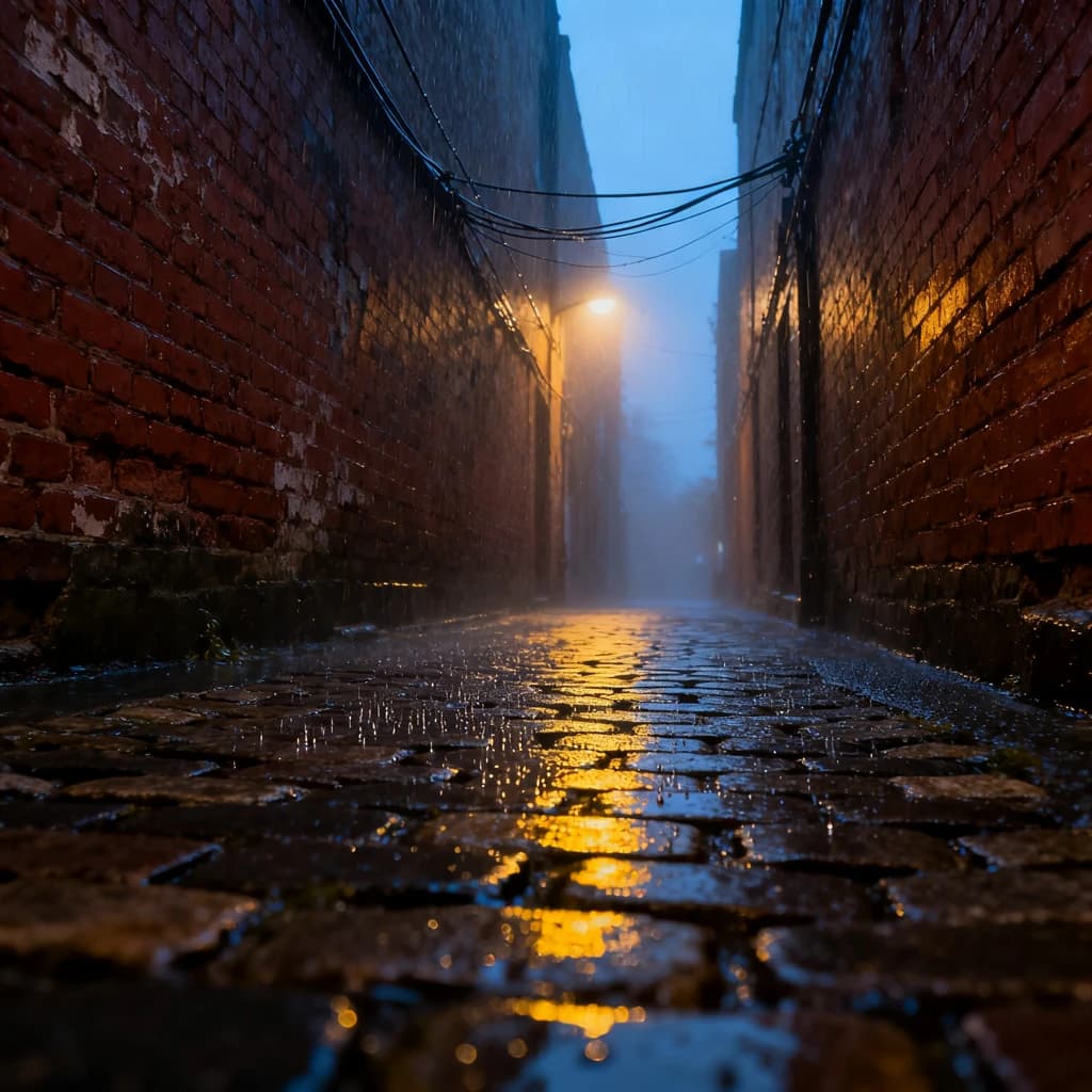 Show a narrow brick alley with wet cobblestones.