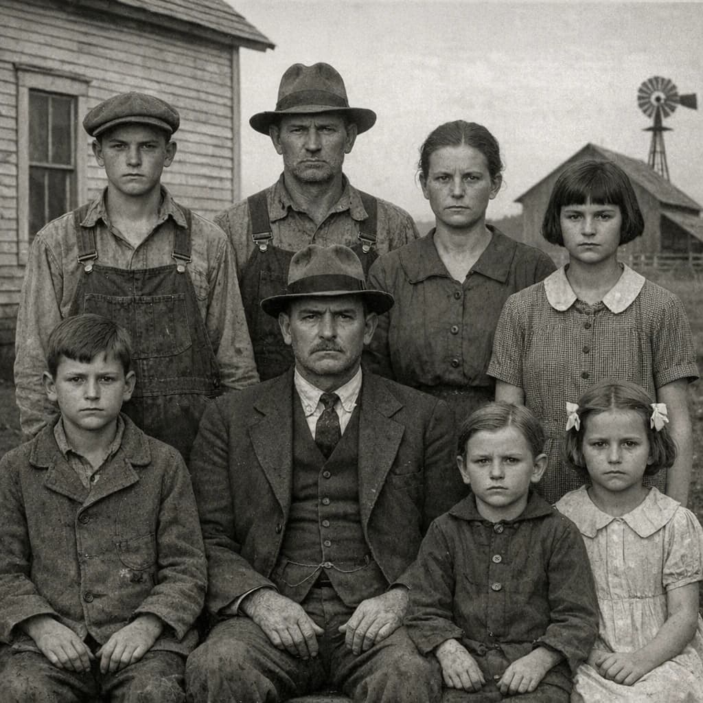 Everybody holds still and nobody smiles for the family portrait. It's 1928 in Kansas
