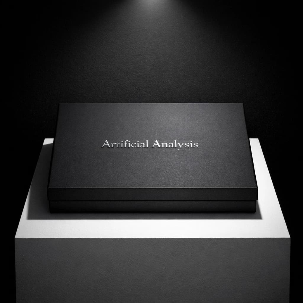 A premium matte black laptop-sized box rests on a pure white pedestal within a gallery space. Overhead, a single spotlight carves sharp contrast, leaving the edges in deep shadow. The brand name Artificial Analysis is embossed in silver foil, glinting faintly as though it were jewelry.