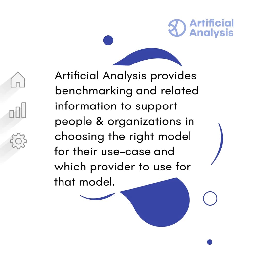 On a high-resolution dashboard mockup with a clean white background, display a centered text module in Helvetica Neue Regular, 18pt, black: “Artificial Analysis provides benchmarking and related information to support people & organizations in choosing the right model for their use-case and which provider to use for that model.” The text box is justified, but the final word wraps awkwardly onto its own line. To the left, a vertical navigation bar in light gray with three icons - home, chart, and settings - aligned evenly but casting misaligned shadows. In the upper right, the Artificial Analysis logo appears faintly, semi-transparent, watermarked over the corner of the interface.