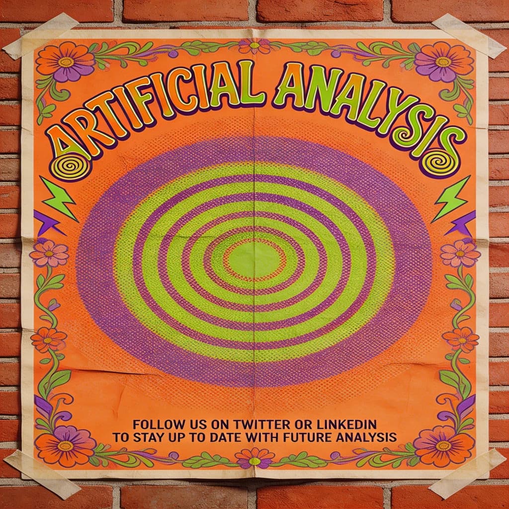 A portrait layout psychedelic concert poster from 1972 bathed in saturated oranges, deep purples, and acid greens. Swirling, hand-drawn typography arcs across the top, spelling out Artificial Analysis in bold, distorted letters that melt into spirals. Surrounded by radiating concentric circles and lightning-bolt motifs. The background is textured with halftone dots and faded paper creases, evoking a well-worn poster taped to a brick wall. Ornate floral borders frame the design, while the bottom features blocky retro lettering listing “Follow us on Twitter or LinkedIn to stay up to date with future analysis” in smaller text. 