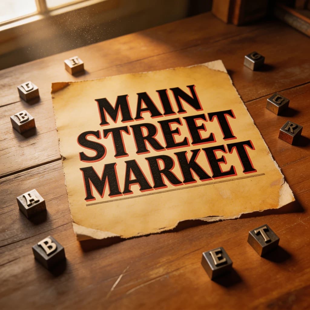 A vintage letterpress poster on a wooden desk: bold slab serif headline, tight kerning, misregistered ink, slightly worn edges, scattered metal type, soft window light.