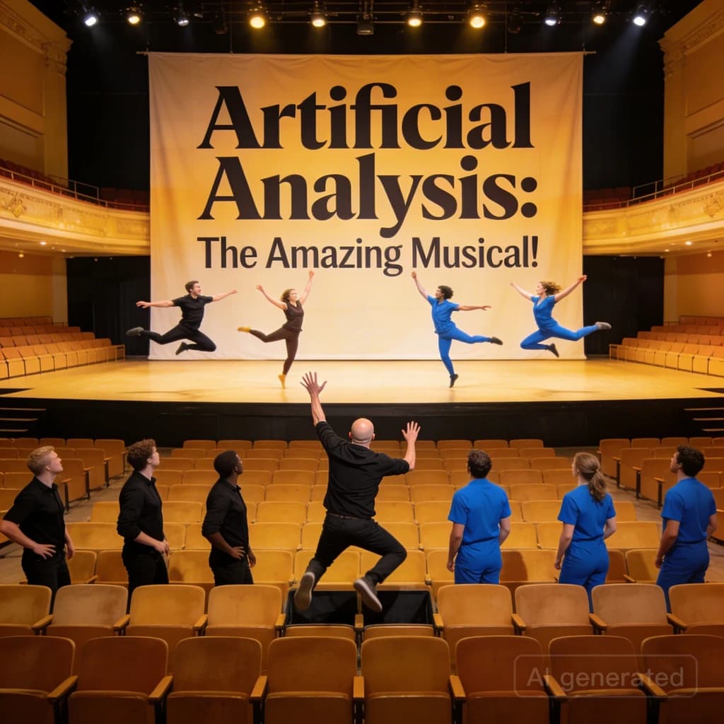 The musical troupe do a rehearsal in a large, empty theatre. 9 people are on the stage, half wear black and the others wear blue. The skinny bald director, seated in the second row, is practically leaping out of their seat with excitement as the leads nail their aerial. A giant banner reading "Artificial Analysis: The Amazing Musical!" is behind the actors.