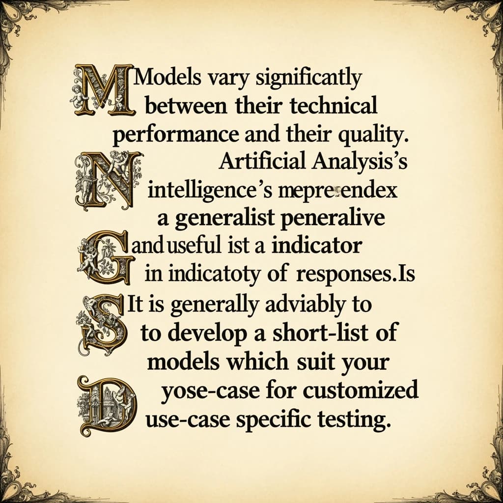 On a flat layout, write in an ornate baroque style "Models vary significantly between their technical performance, features and their quality. Artificial Analysis's intelligence index represents a generalist perspective and is useful as an indicator of the quality of responses. It is generally advisable to develop a short-list of models which best suit your use-case for customized use-case specific testing. "