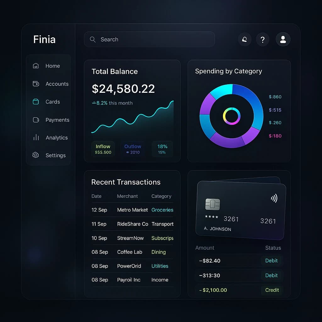 Dark mode banking dashboard with glassmorphism.