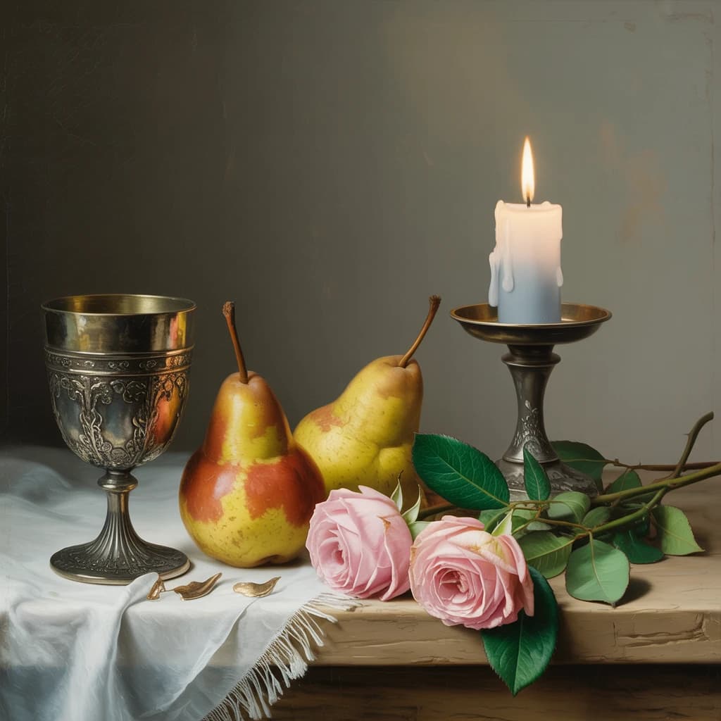 Create an oil on canvas still life with a tarnished goblet, bruised pears, and wilted roses, lit by a single candle; a bit muted palette, soft brushwork, subtle craquelure.