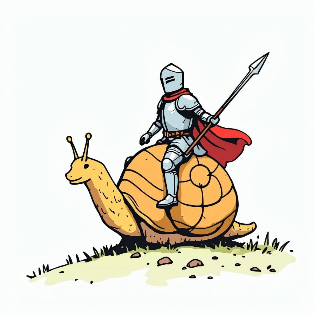 A knight rides a snail, bold lines, flat color.