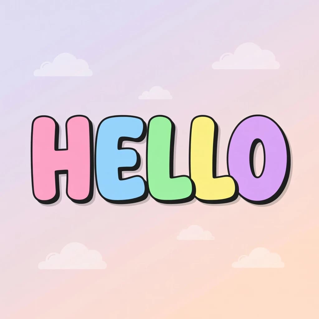 Make a bold bubble-letter poster that says HELLO, pastel palette, thick outline.