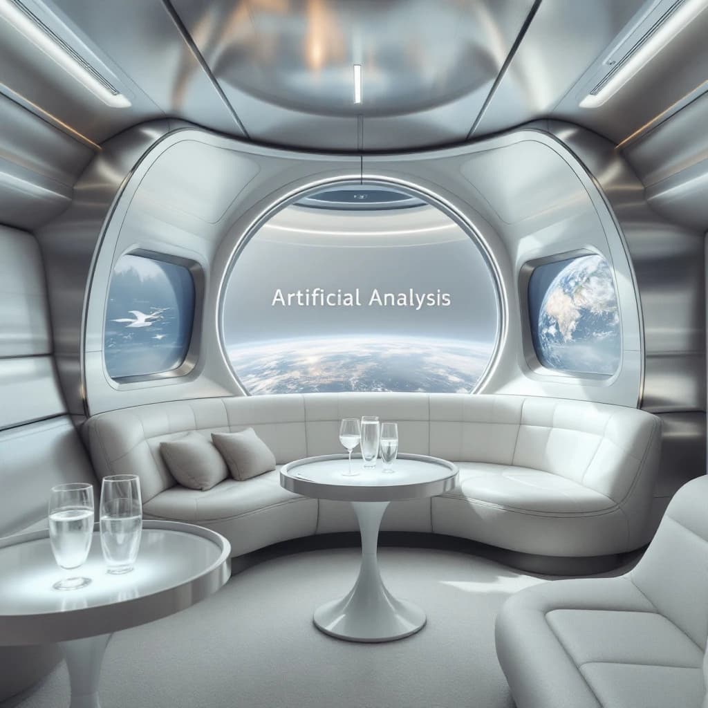 The orbital lounge has brushed aluminum walls and pale leather banquettes. Low white tables are inset with glowing touchscreens. Drinks are clear, flavorless, in tall unmarked glasses. The viewport is floor-to-ceiling, showing Earth moving slowly beneath. The word Artificial Analysis is etched discreetly on the glass in a frosted band.