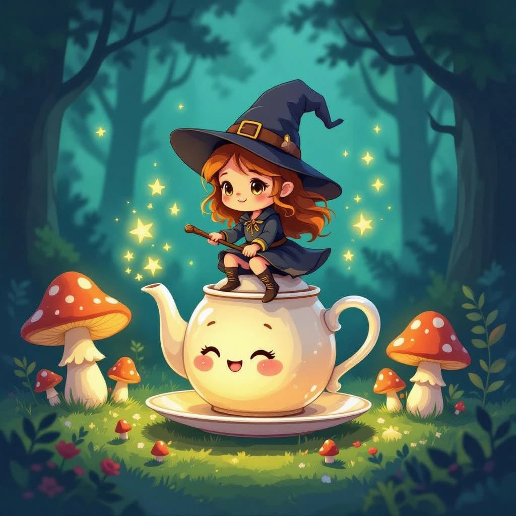 A tiny witch rides a teapot over glowing mushrooms, a bit chibi, thick lines.