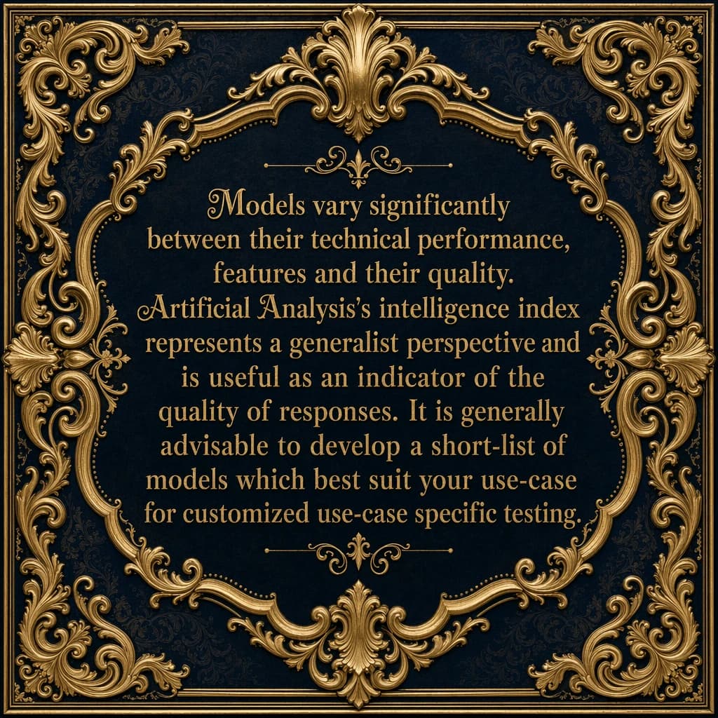 On a flat layout, write in an ornate baroque style "Models vary significantly between their technical performance, features and their quality. Artificial Analysis's intelligence index represents a generalist perspective and is useful as an indicator of the quality of responses. It is generally advisable to develop a short-list of models which best suit your use-case for customized use-case specific testing. "