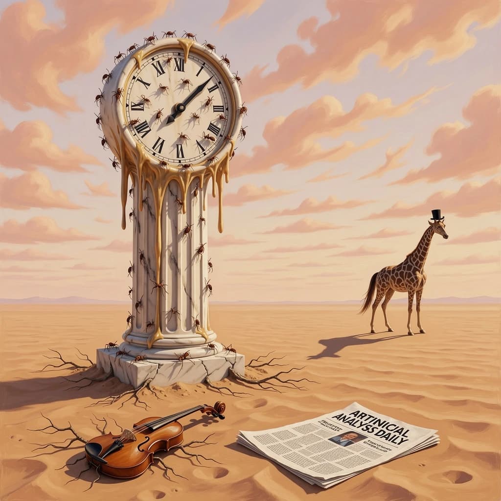 A vast desert plain stretches endlessly under a sky streaked with pale pink and ochre clouds. In the center stands a colossal clock, its face drooping and melting over the edge of a broken marble column. Ants swarm across its warped surface, glinting in the harsh sunlight. To the right, a horse with a giraffe like neck wearing a top hat strides toward the horizon, its shadow stretching miles across the sand. A cracked violin lies half-buried in the foreground, strings snapping outward like veins. Painted in the dreamlike surrealist style. A newspaper named the "Artificial Analysis Daily" lies on the Floor.