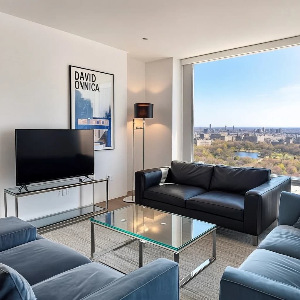 My apartment overlooks Central Park. It’s very luxurious, very expensive, and the furniture is minimal — a black leather couch, a glass coffee table with chrome legs, an Arne Jacobsen floor lamp. A big-screen television set rests on a steel shelving unit. A David Onica painting hangs above the couch. There’s a stainless steel and glass cocktail table. A powder-blue sofa. A thirty-inch digital TV.