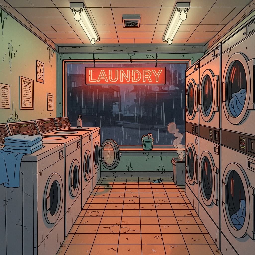 A cozy laundromat at dusk, neon humming, flat colors, bold inked lines.