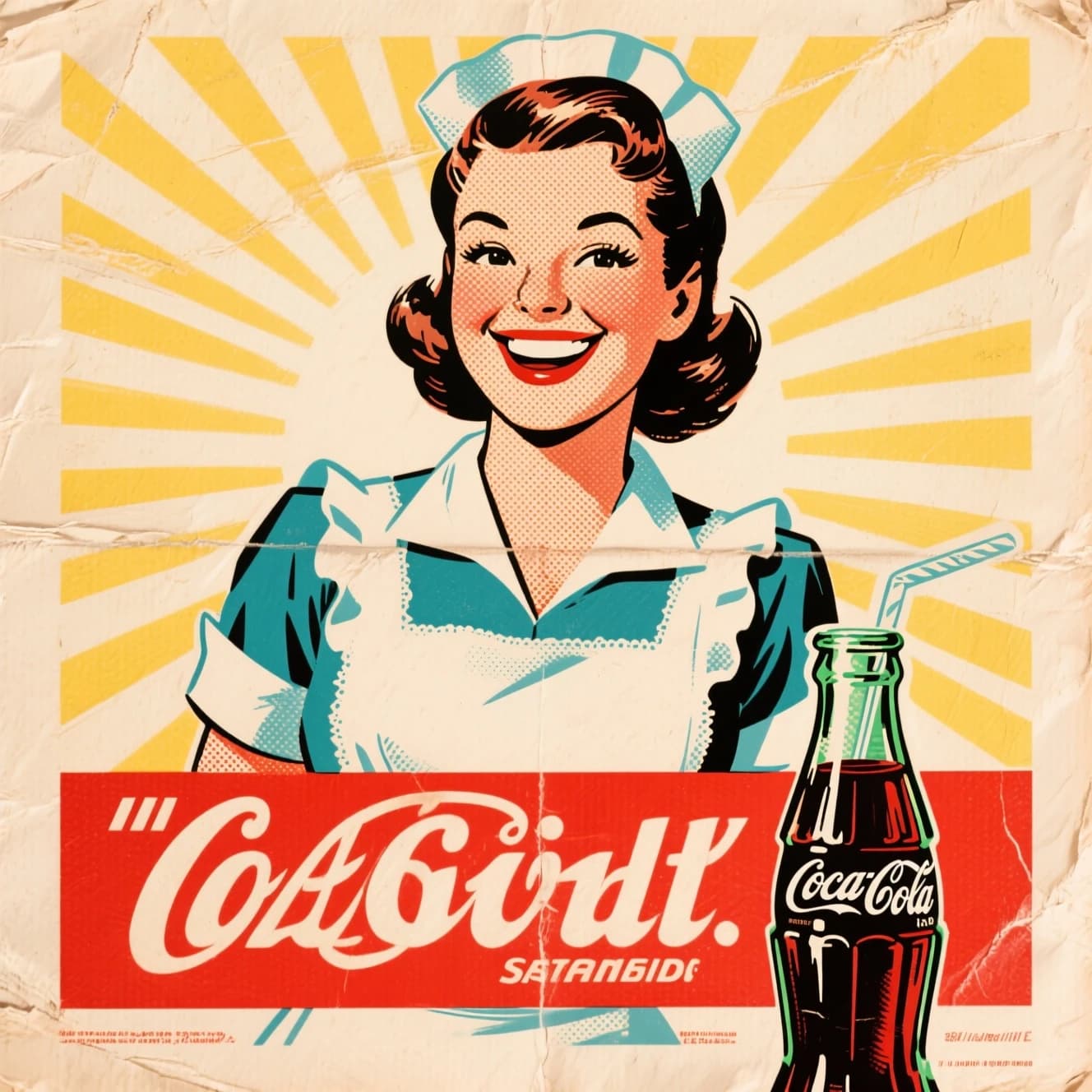 Mid-century soda ad, smiling waitress, halftone sunburst, a bit of faded paper.