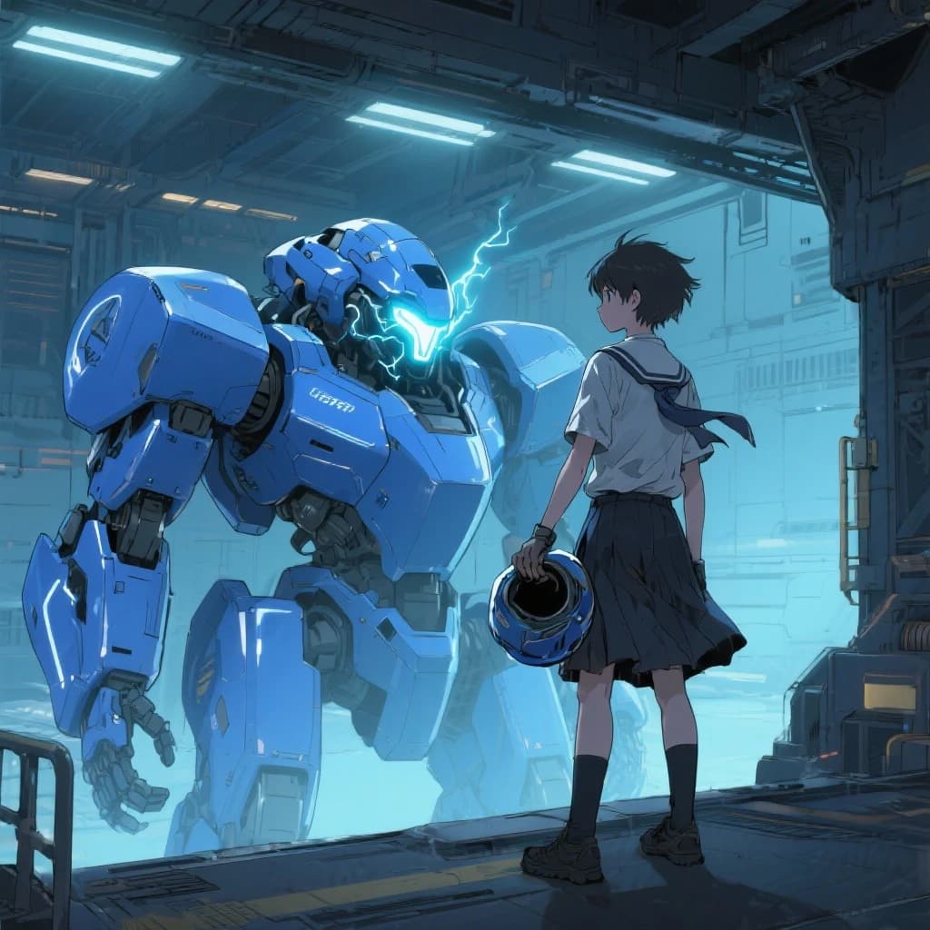 A teenage pilot grips his helmet under one arm, standing at the edge of a glowing hangar bay. Before him looms a sleek, steel-blue mech, its eyes lit with a cold electric glare. His school uniform is rumpled, a sharp contrast to the machine’s flawless plating. The vast scale engulfs him in shadow, emphasizing both awe and dread. Hand-drawn anime style.