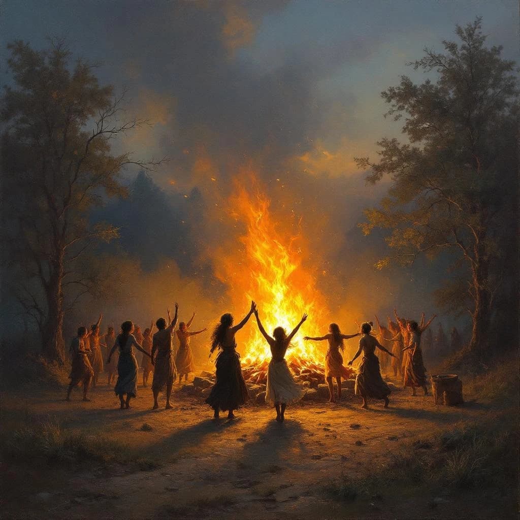 Make an oil painting of villagers dancing by a bonfire at dusk, a bit smoky.