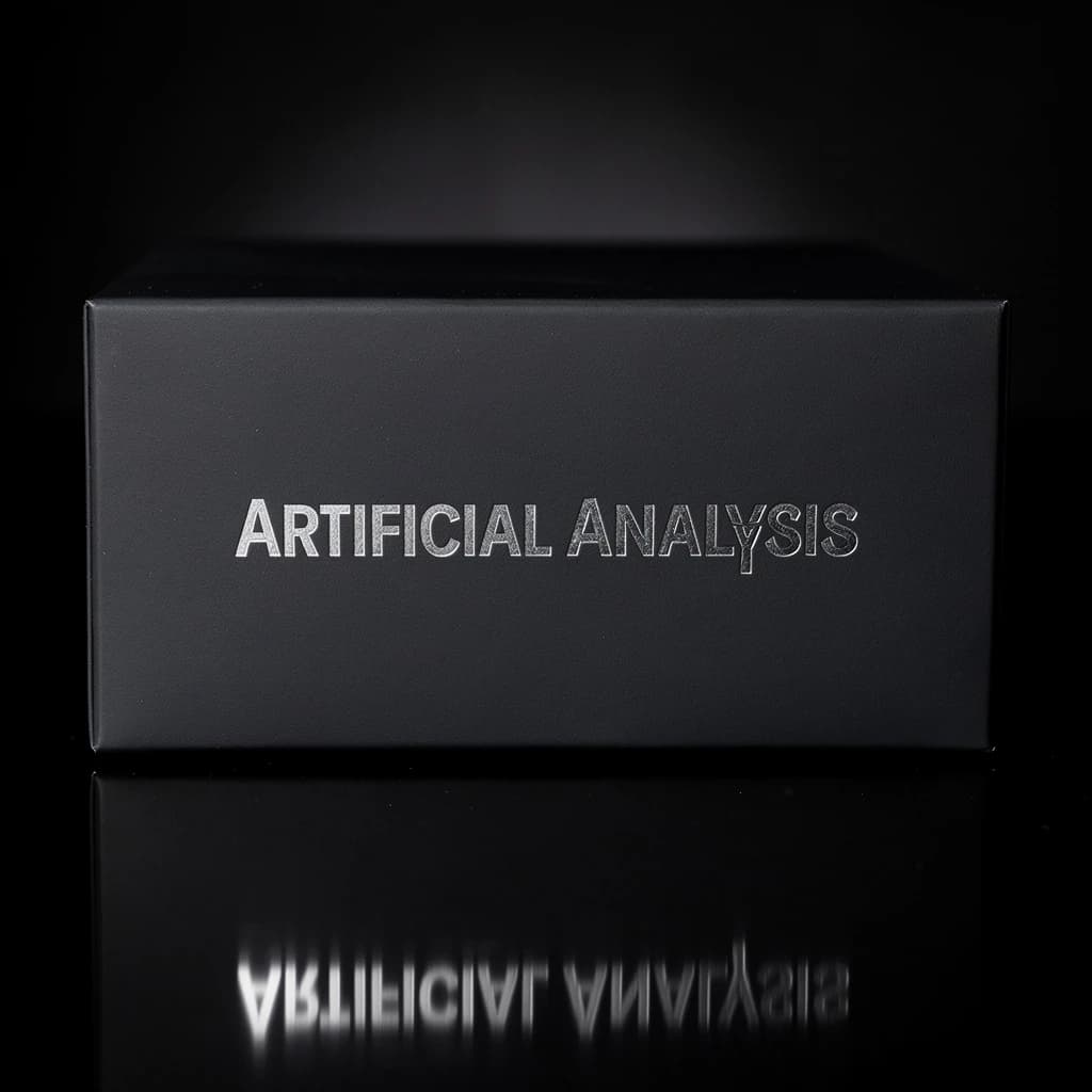 On the black box, silver foil embossing, centered: "Artificial Analysis" in Comic Sans Small Caps, perfectly justified. The letters are crisp, but the “Y” is duplicated faintly, ghosting right. On the box’s reflection, the word order is inverted: ARTIFICIAL ANALYSIS.