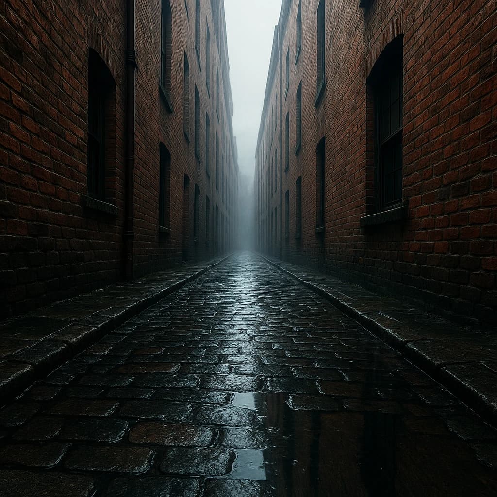 Show a narrow brick alley with wet cobblestones.