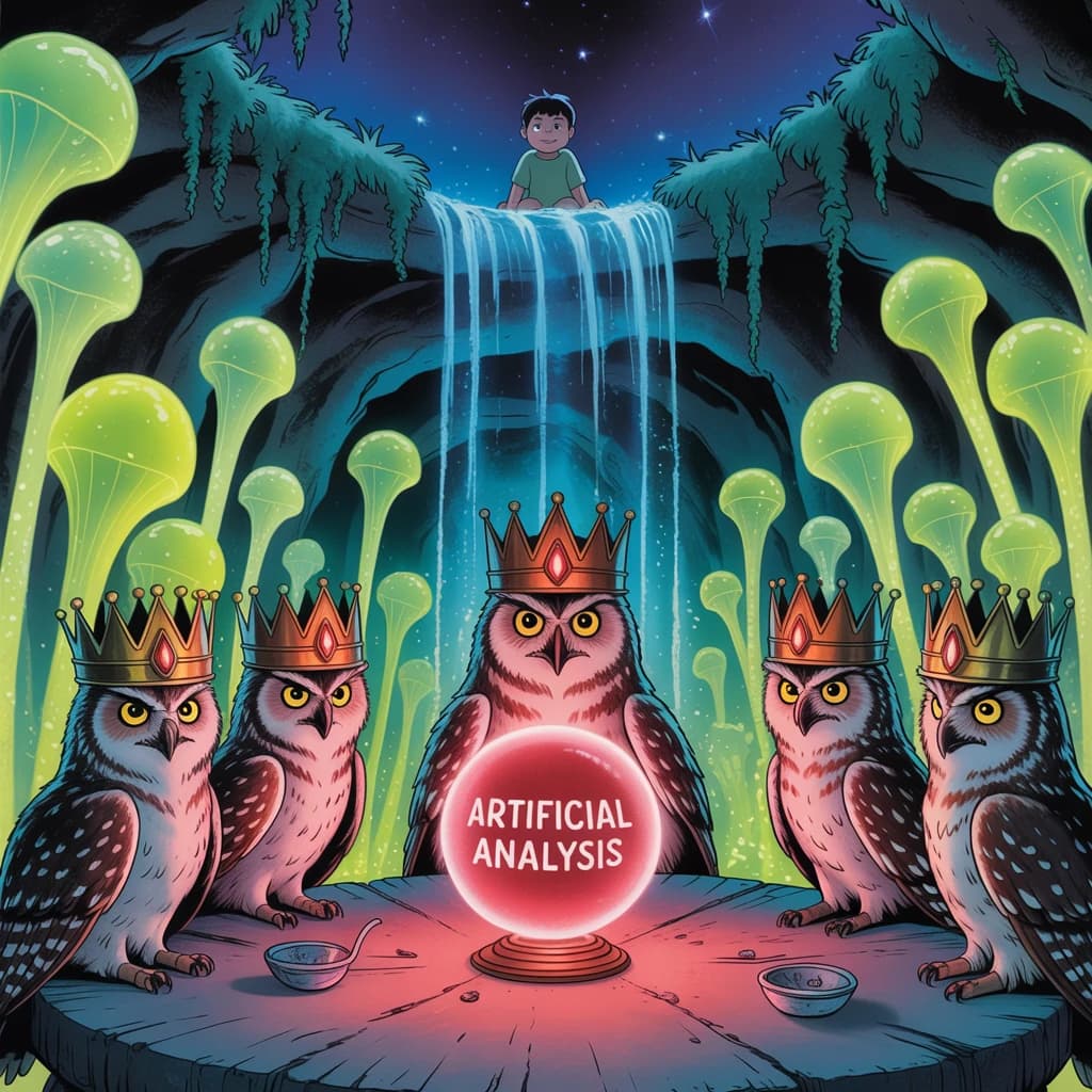 In a cavern lined with bioluminescent fungi glowing lime green, the council of owls wear jeweled crowns that glimmer with rubies, their wings folded behind their backs. Dust coats the stone table, a glowing orb inscribed with “Artificial Analysis” hovers above the table illuminating the owls with its red pulsating light. Behind them, a waterfall falls upward into a ceiling that opens onto stars - a child looks down in wonder from above at what he has stumbled across.