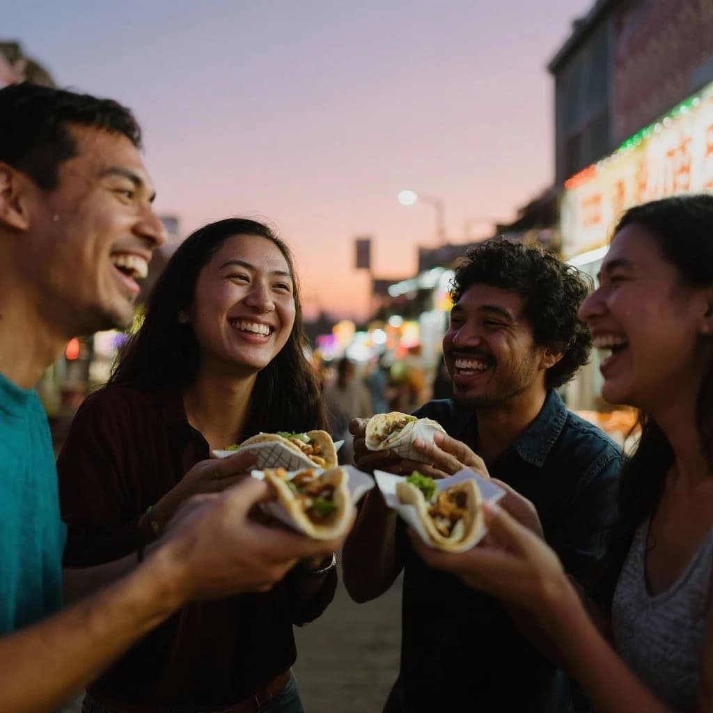 Friends laugh over street tacos at dusk, candid, shallow depth.