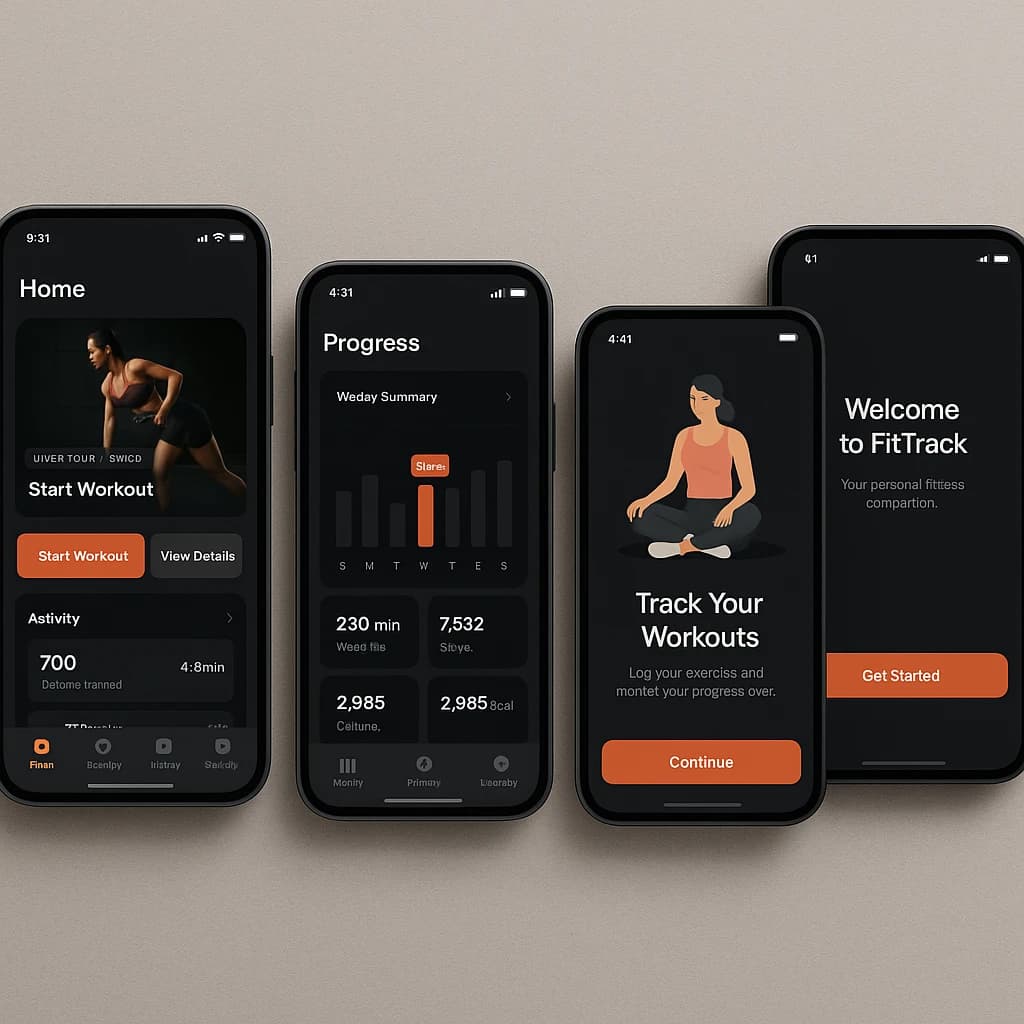 Sleek mobile fitness app screens on a desk: dark mode home, progress dashboard, simple onboarding, clear 8 pt grid, slightly oversized buttons for thumb reach, muted colors.