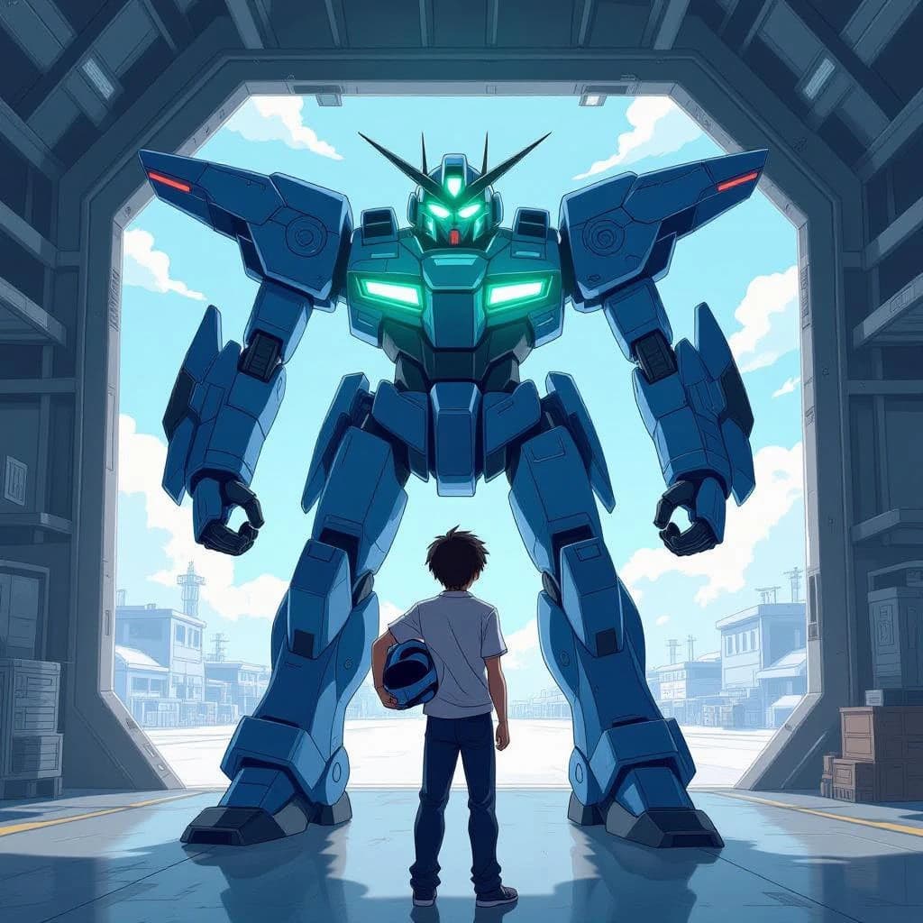 A teenage pilot grips his helmet under one arm, standing at the edge of a glowing hangar bay. Before him looms a sleek, steel-blue mech, its eyes lit with a cold electric glare. His school uniform is rumpled, a sharp contrast to the machine’s flawless plating. The vast scale engulfs him in shadow, emphasizing both awe and dread. Hand-drawn anime style.