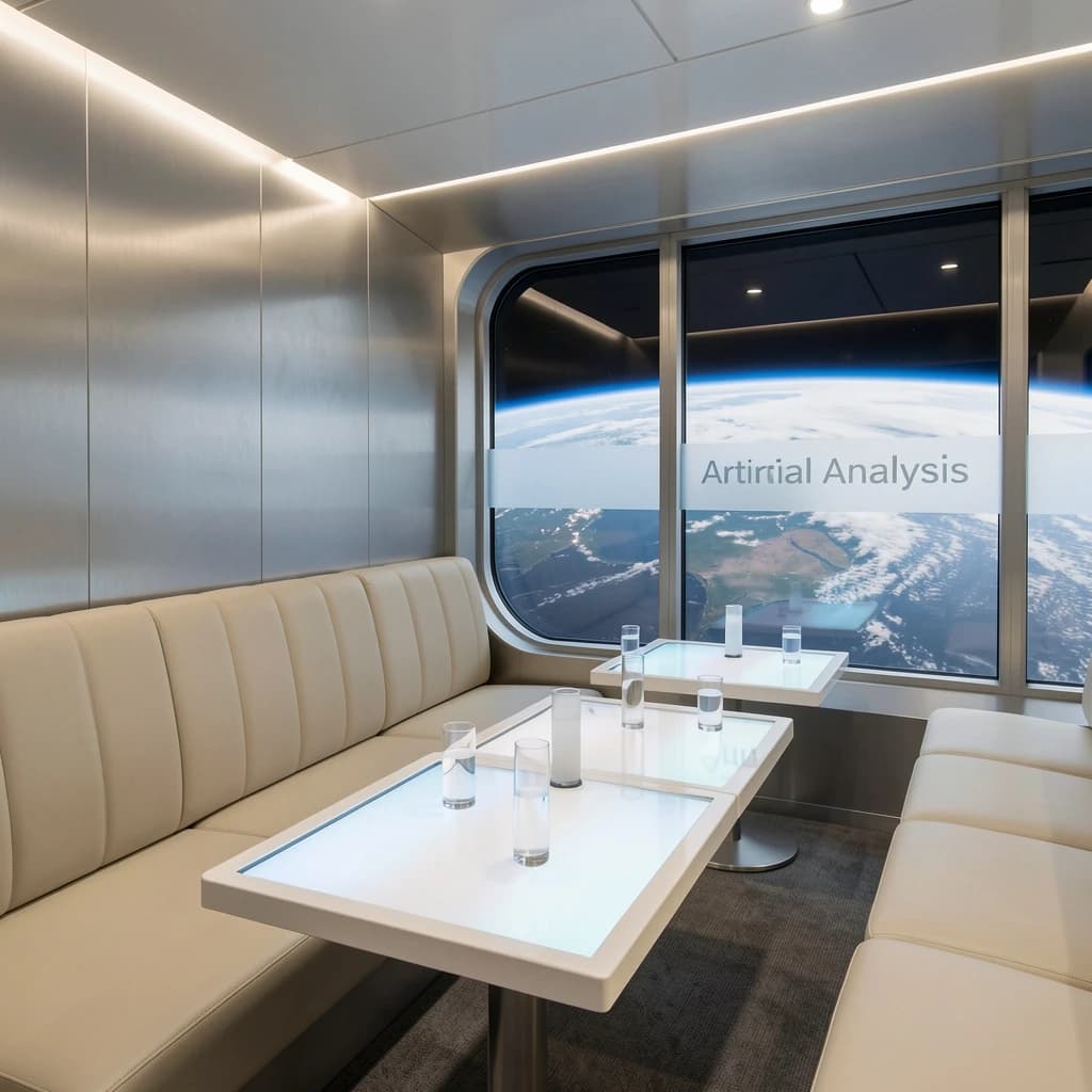 The orbital lounge has brushed aluminum walls and pale leather banquettes. Low white tables are inset with glowing touchscreens. Drinks are clear, flavorless, in tall unmarked glasses. The viewport is floor-to-ceiling, showing Earth moving slowly beneath. The word Artificial Analysis is etched discreetly on the glass in a frosted band.