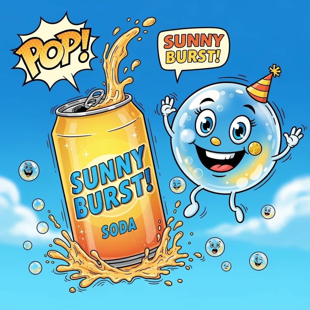 Design a bright soda billboard ad with a bubbly can mascot, thick inky lines.