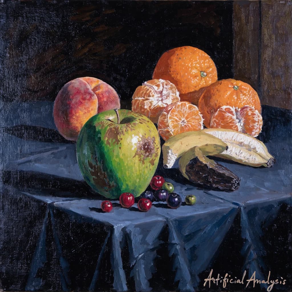 A still life scene painted oil on canvas, comprising various fruits on a black table cloth with striking lighting coming from the right out of frame, creating strong shadows. A bruised green apple is in the foreground, a peach behind it, and behind that a melange of oranges and bananas in various states of ripeness. Berries are strewn in front of the apple. The artist has signed his name "Artificial Analysis" in the bottom right corner in a hurried fashion.