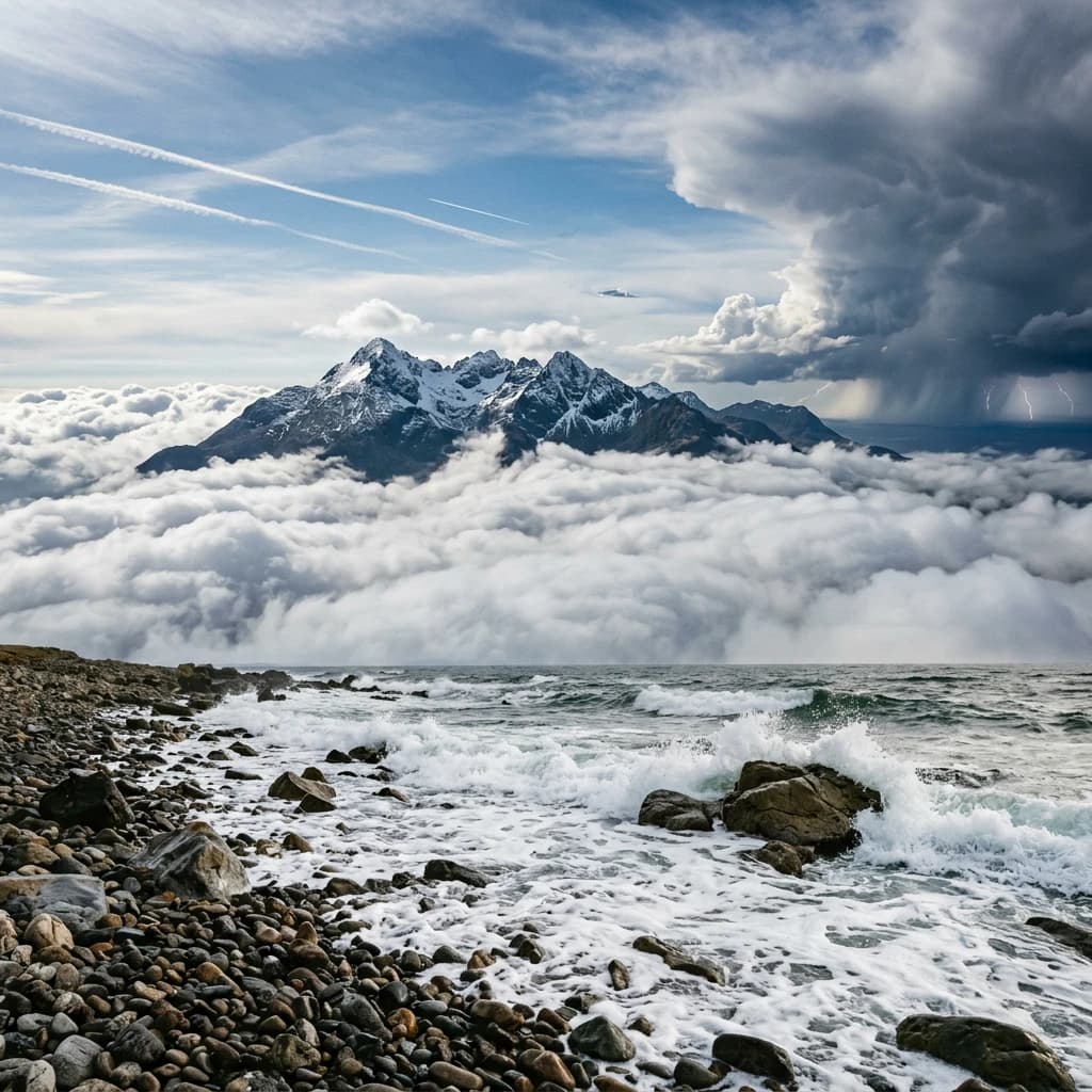 A stunning mountain vista pokes through the cloud top. Contrails from a distant airplane linger in the air. In the foreground there is a stony beach with foamy seas. A thunder storm is visibile in the distant right.