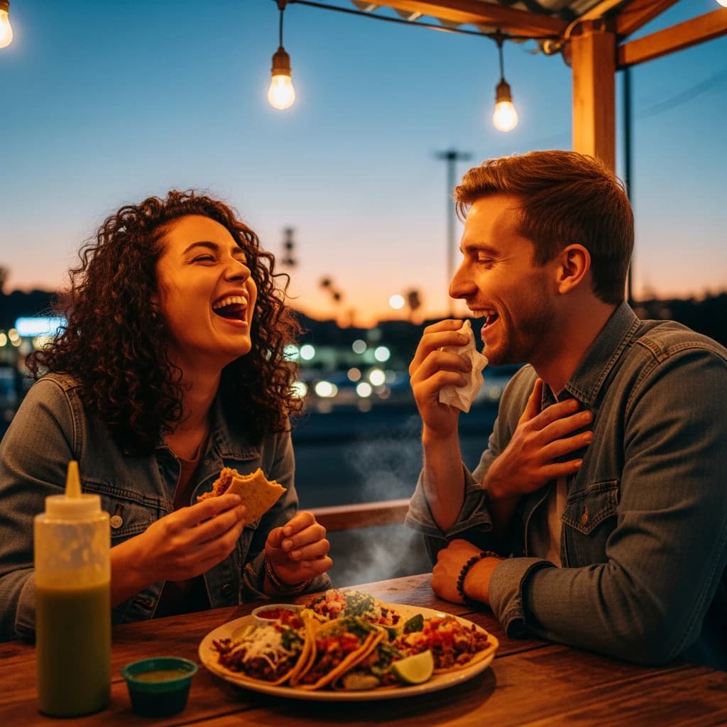Friends laugh over street tacos at dusk, candid, shallow depth.