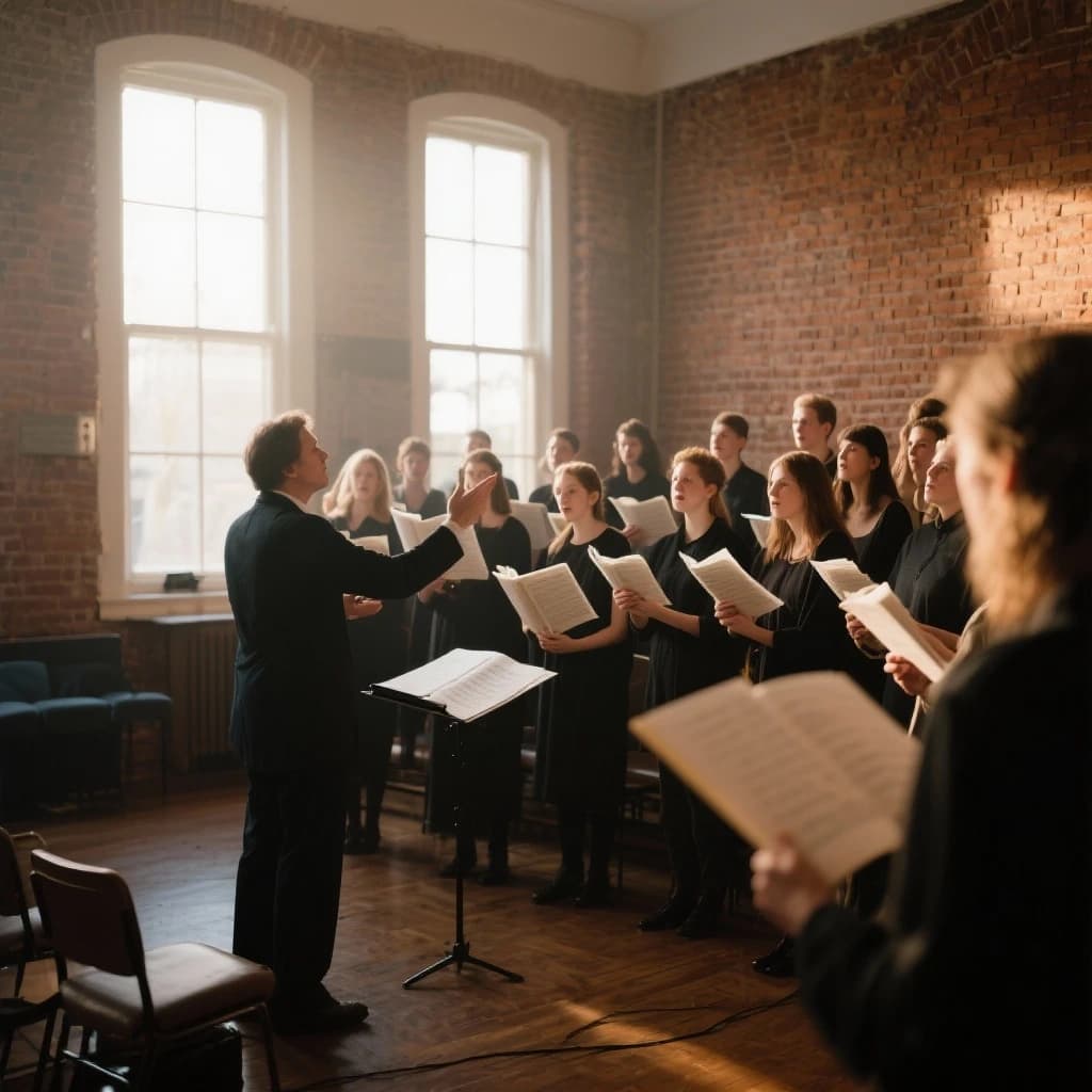A choir rehearses in a brick hall as somewhat dramatic morning light falls through high windows, with a patient conductor mid-gesture, open scores, intent faces, slight motion blur.