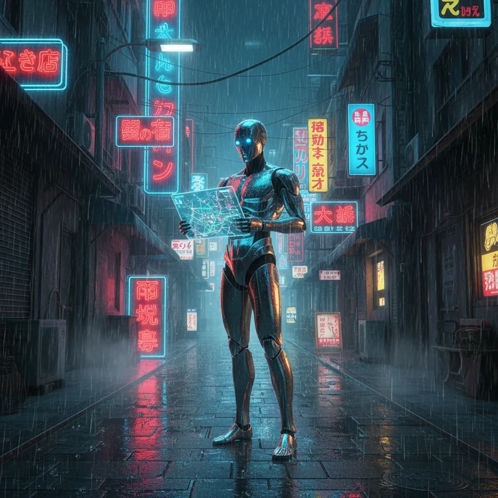 Neon-lit Tokyo alley, rain-slick cobblestones, a chrome android checks a map.