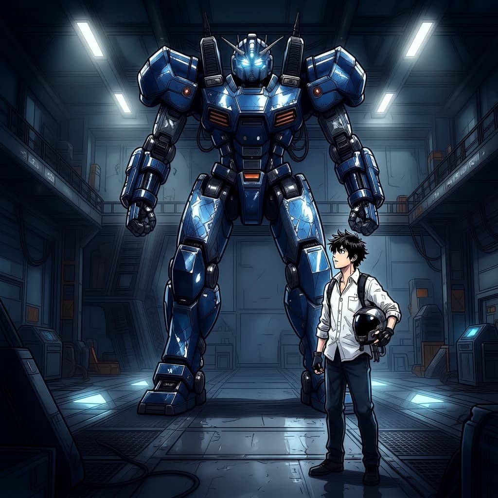 A teenage pilot grips his helmet under one arm, standing at the edge of a glowing hangar bay. Before him looms a sleek, steel-blue mech, its eyes lit with a cold electric glare. His school uniform is rumpled, a sharp contrast to the machine’s flawless plating. The vast scale engulfs him in shadow, emphasizing both awe and dread. Hand-drawn anime style.